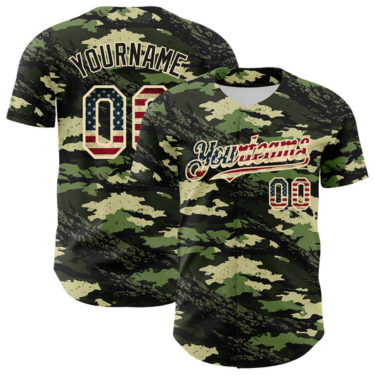 Custom Camo Vintage USA Flag Cream-Black Woodland Forest Tactical Camouflage Outdoor Leaf Authentic Baseball Jersey - Main View