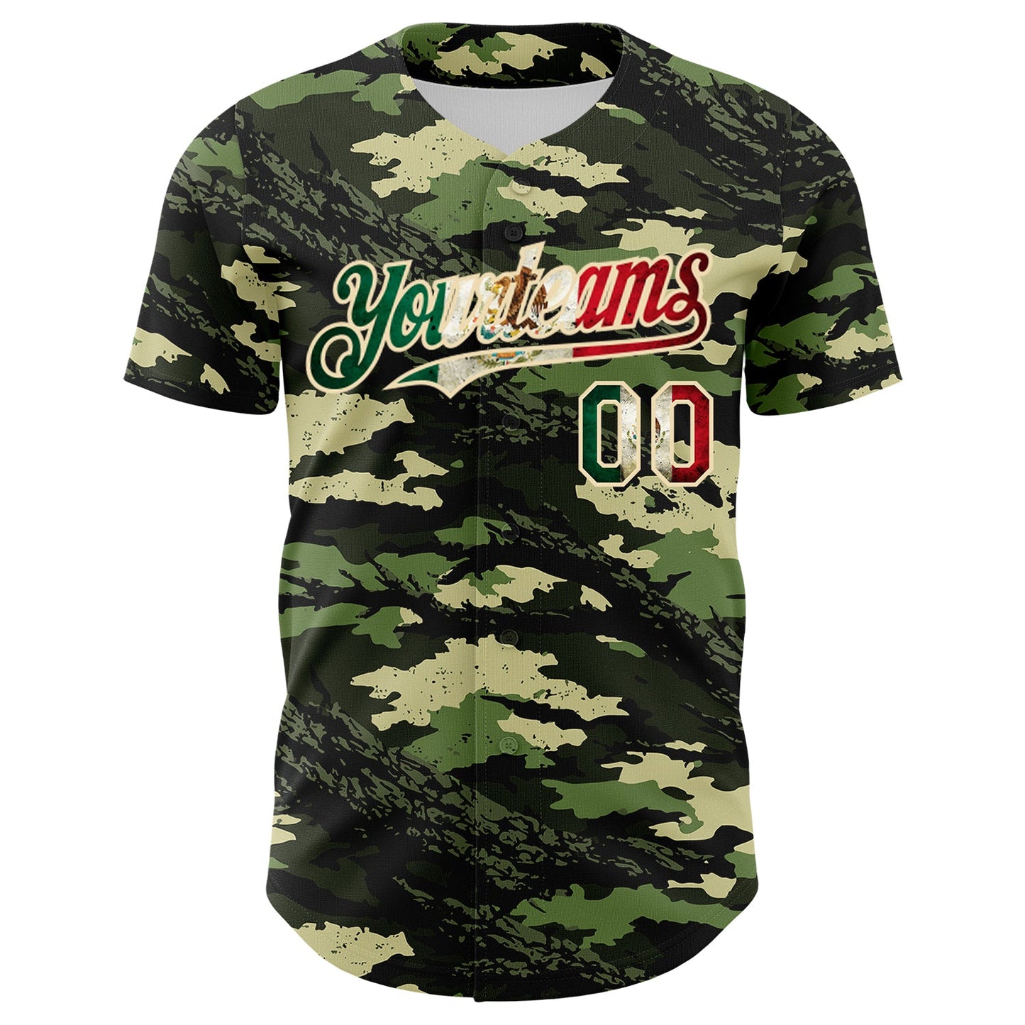 Custom Camo Vintage Mexican Flag Cream-Red Woodland Forest Tactical Camouflage Outdoor Leaf Authentic Baseball Jersey view 2