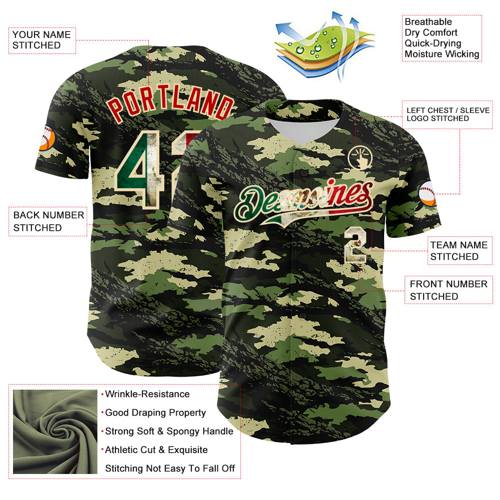 Custom Camo Vintage Mexican Flag Cream-Red Woodland Forest Tactical Camouflage Outdoor Leaf Authentic Baseball Jersey view 3