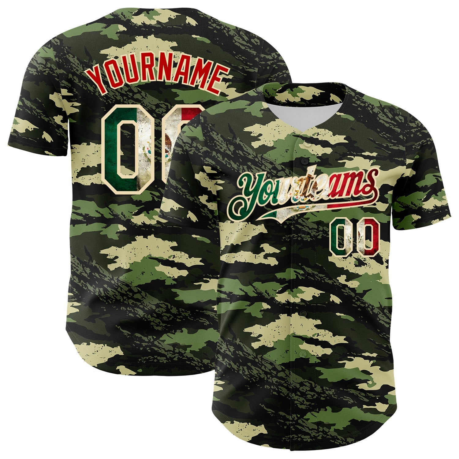 Custom Camo Vintage Mexican Flag Cream-Red Woodland Forest Tactical Camouflage Outdoor Leaf Authentic Baseball Jersey - Main View