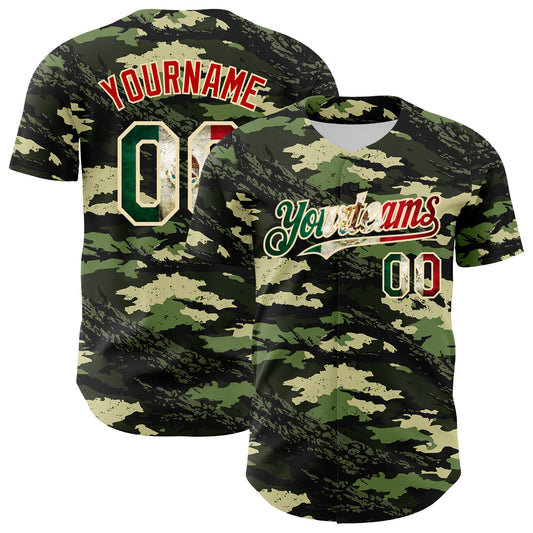 Custom Camo Vintage Mexican Flag Cream-Red Woodland Forest Tactical Camouflage Outdoor Leaf Authentic Baseball Jersey - Main View