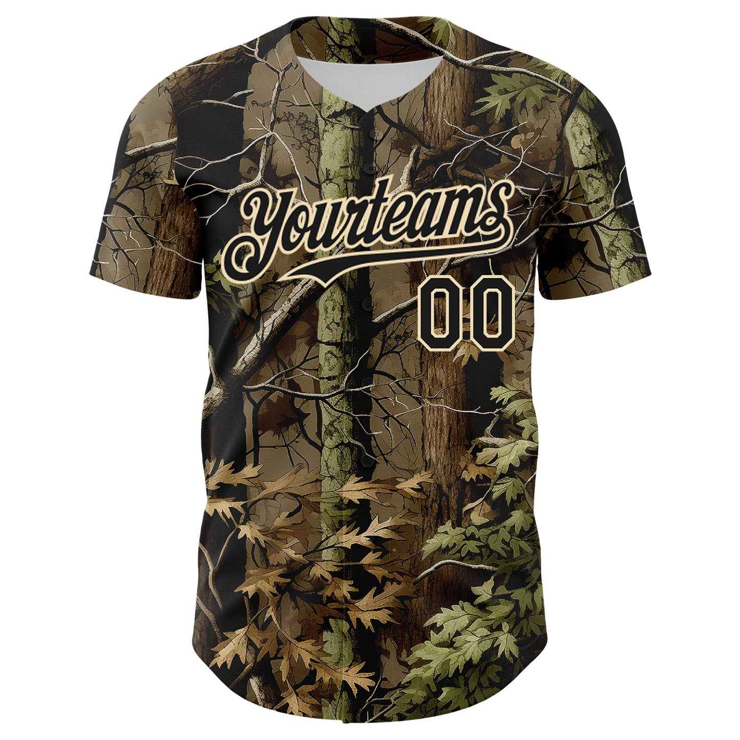 Custom Camo Black-Cream Woodland Forest Tactical Camouflage Outdoor Leaf Authentic Baseball Jersey view 2