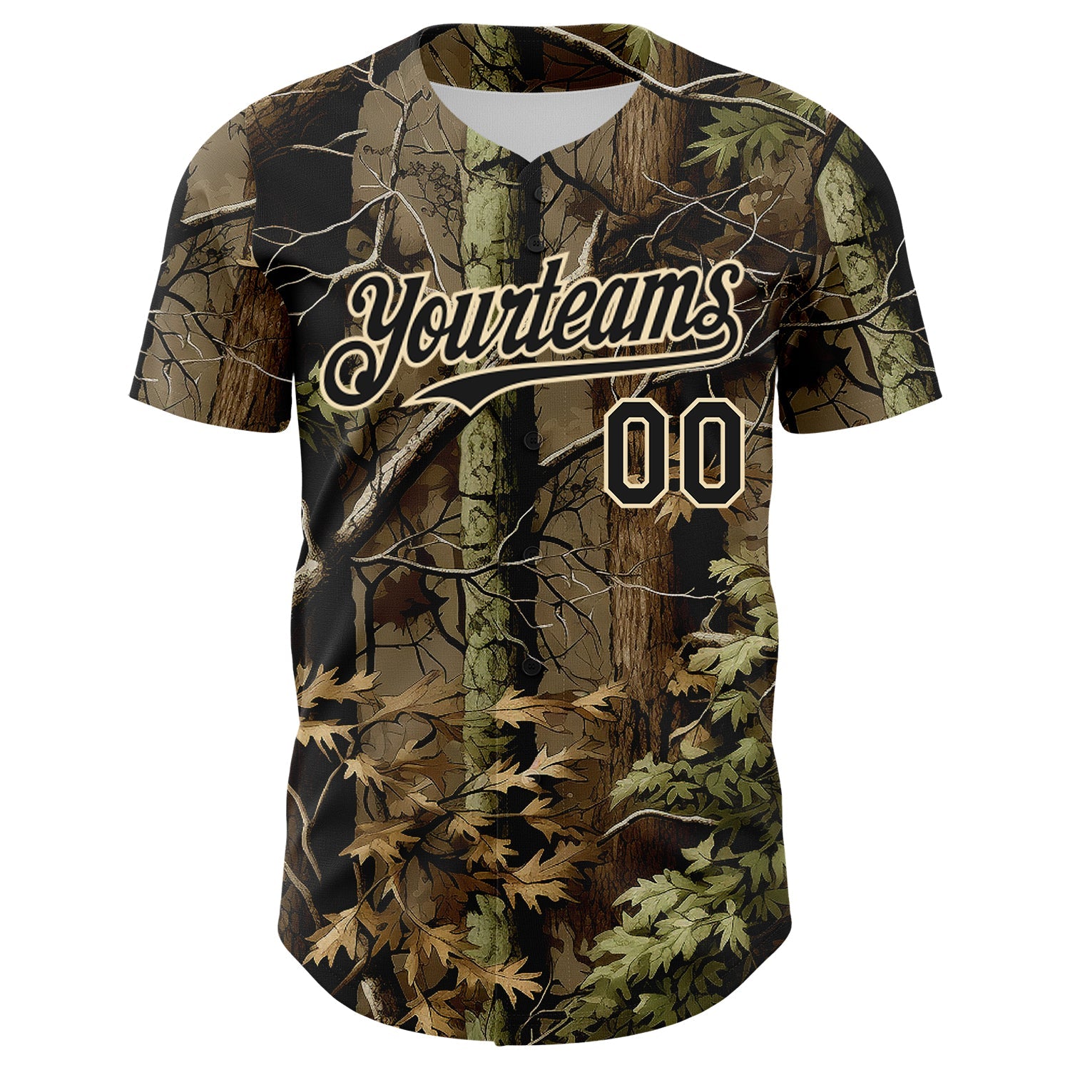 Custom Camo Black-Cream Woodland Forest Tactical Camouflage Outdoor Leaf Authentic Baseball Jersey view 2