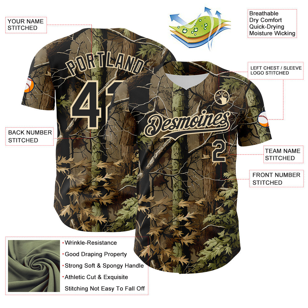 Custom Camo Black-Cream Woodland Forest Tactical Camouflage Outdoor Leaf Authentic Baseball Jersey view 3