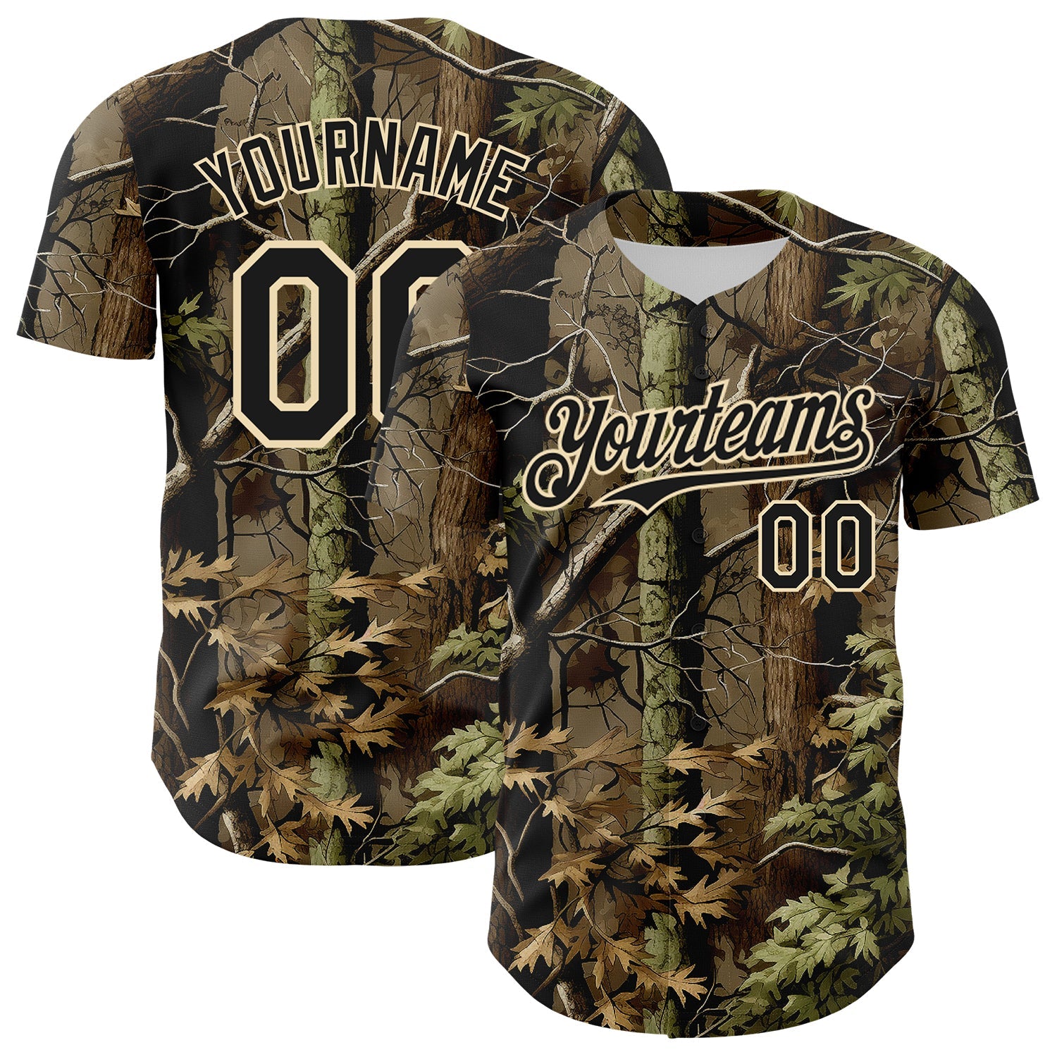 Custom Camo Black-Cream Woodland Forest Tactical Camouflage Outdoor Leaf Authentic Baseball Jersey - Main View