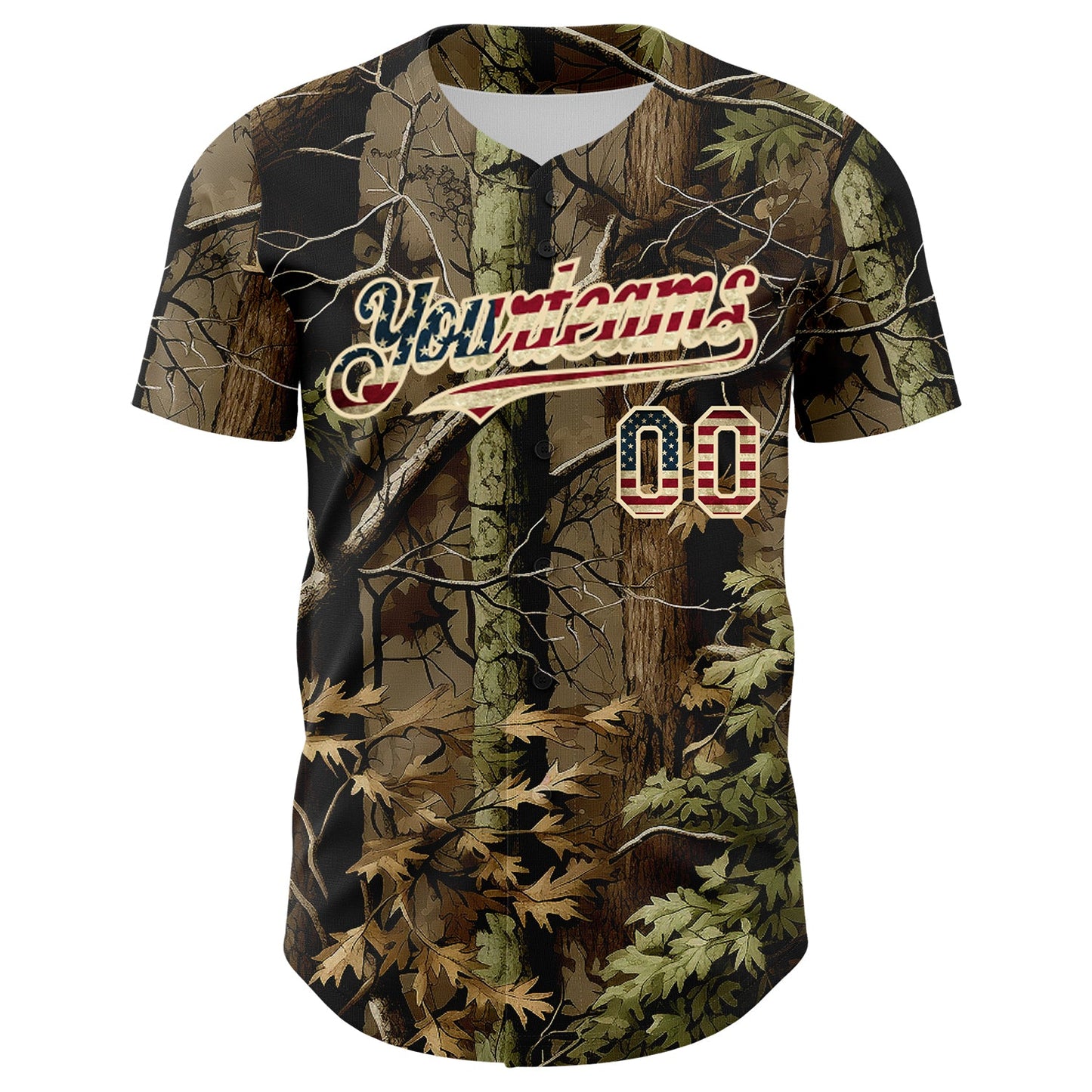 Custom Camo Vintage USA Flag Cream-Brown Woodland Forest Tactical Camouflage Outdoor Leaf Authentic Baseball Jersey view 2
