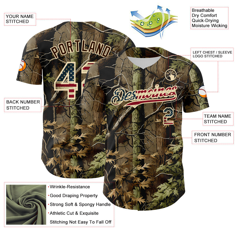 Custom Camo Vintage USA Flag Cream-Brown Woodland Forest Tactical Camouflage Outdoor Leaf Authentic Baseball Jersey view 3
