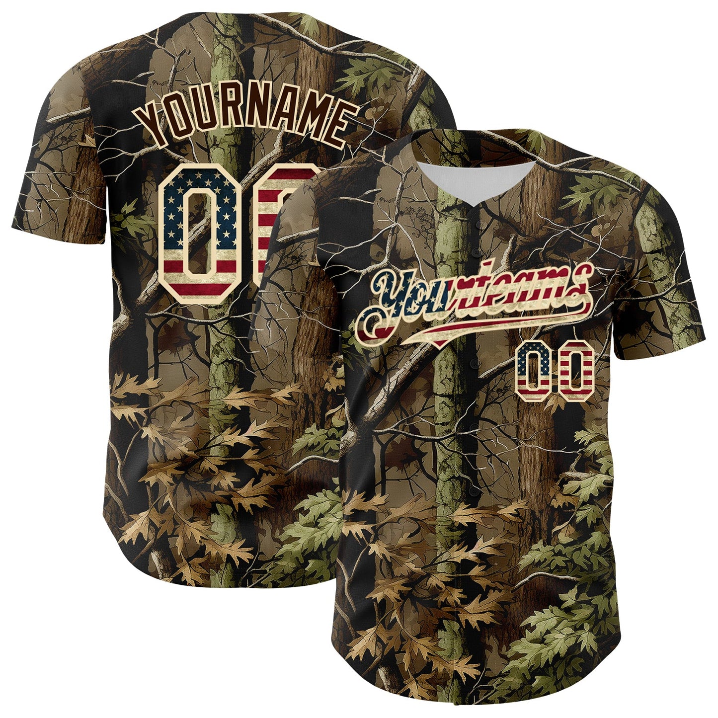 Custom Camo Vintage USA Flag Cream-Brown Woodland Forest Tactical Camouflage Outdoor Leaf Authentic Baseball Jersey - Main View