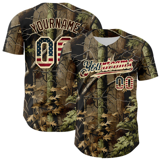 Custom Camo Vintage USA Flag Cream-Brown Woodland Forest Tactical Camouflage Outdoor Leaf Authentic Baseball Jersey - Main View