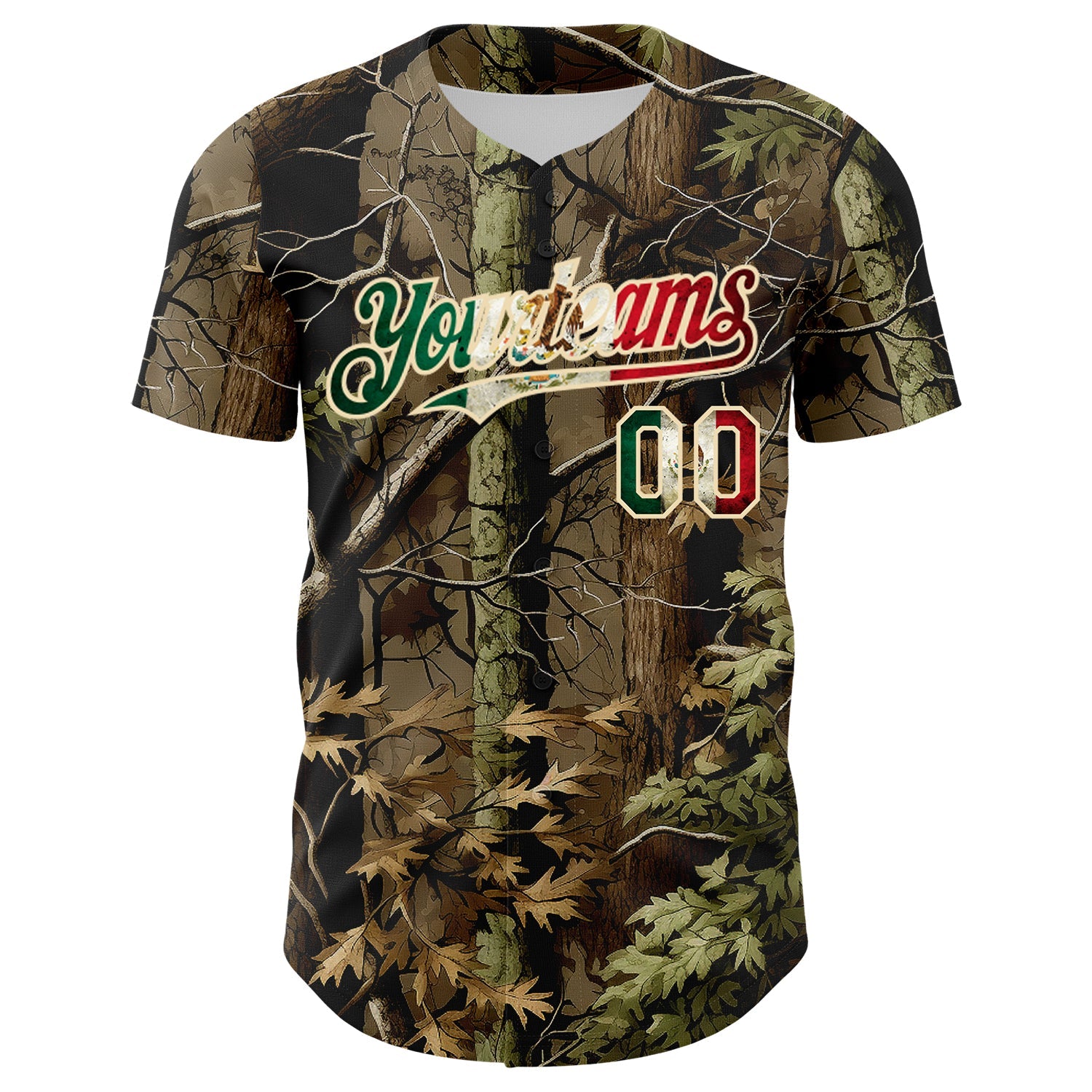 Custom Camo Vintage Mexican Flag Cream-Red Woodland Forest Tactical Camouflage Outdoor Leaf Authentic Baseball Jersey view 2