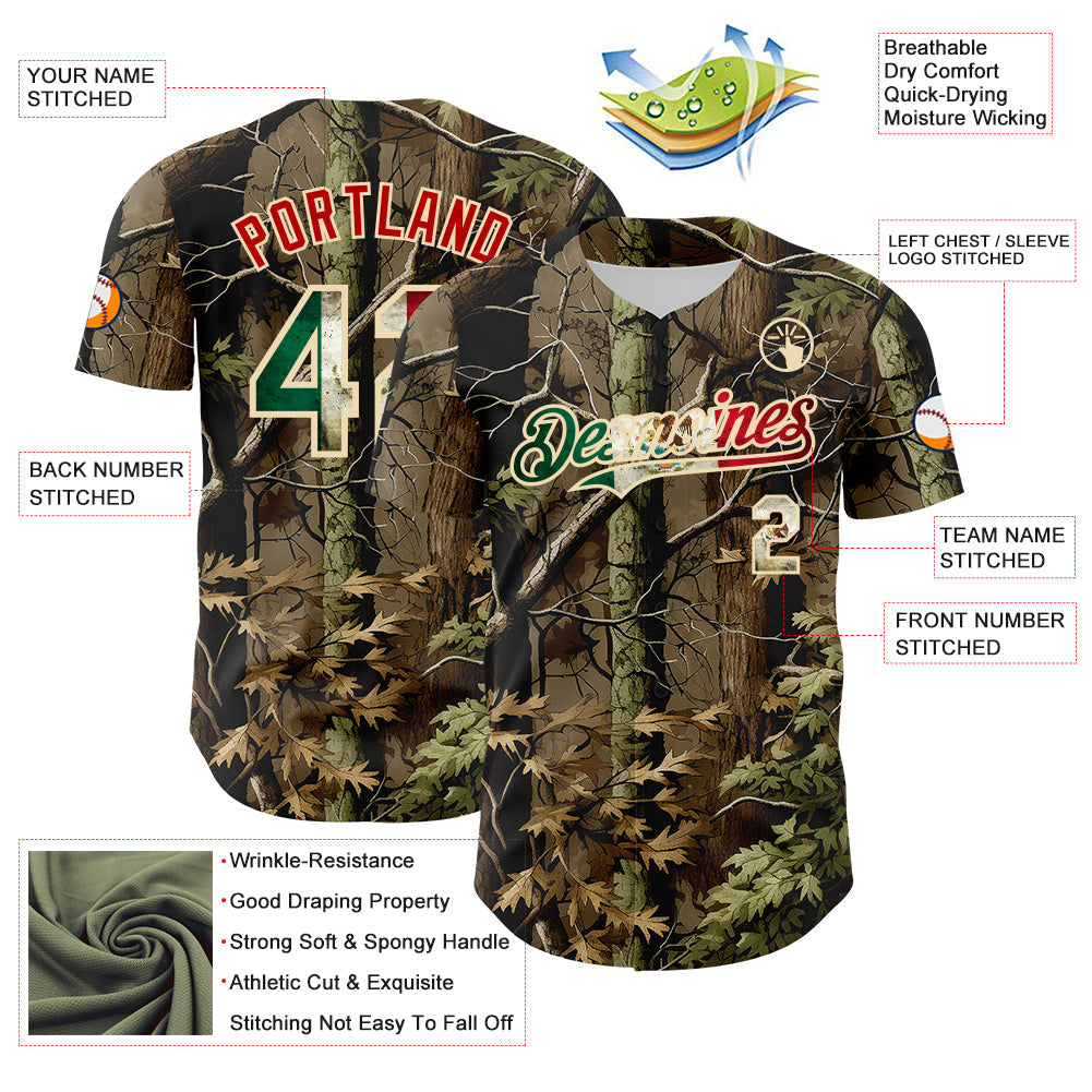Custom Camo Vintage Mexican Flag Cream-Red Woodland Forest Tactical Camouflage Outdoor Leaf Authentic Baseball Jersey view 3