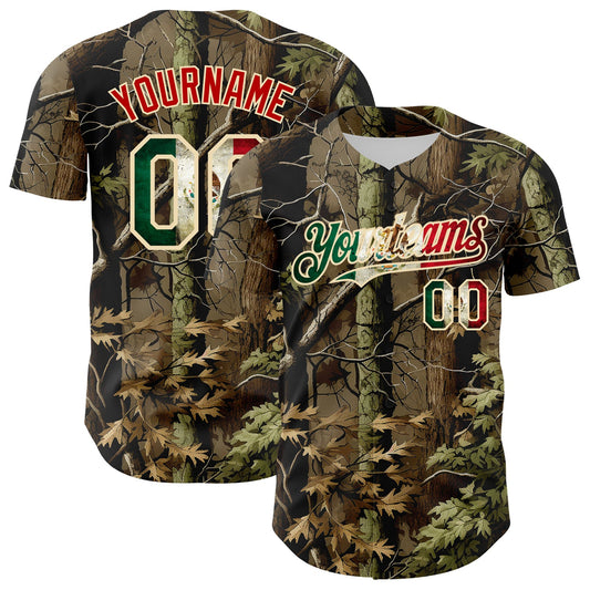 Custom Camo Vintage Mexican Flag Cream-Red Woodland Forest Tactical Camouflage Outdoor Leaf Authentic Baseball Jersey - Main View