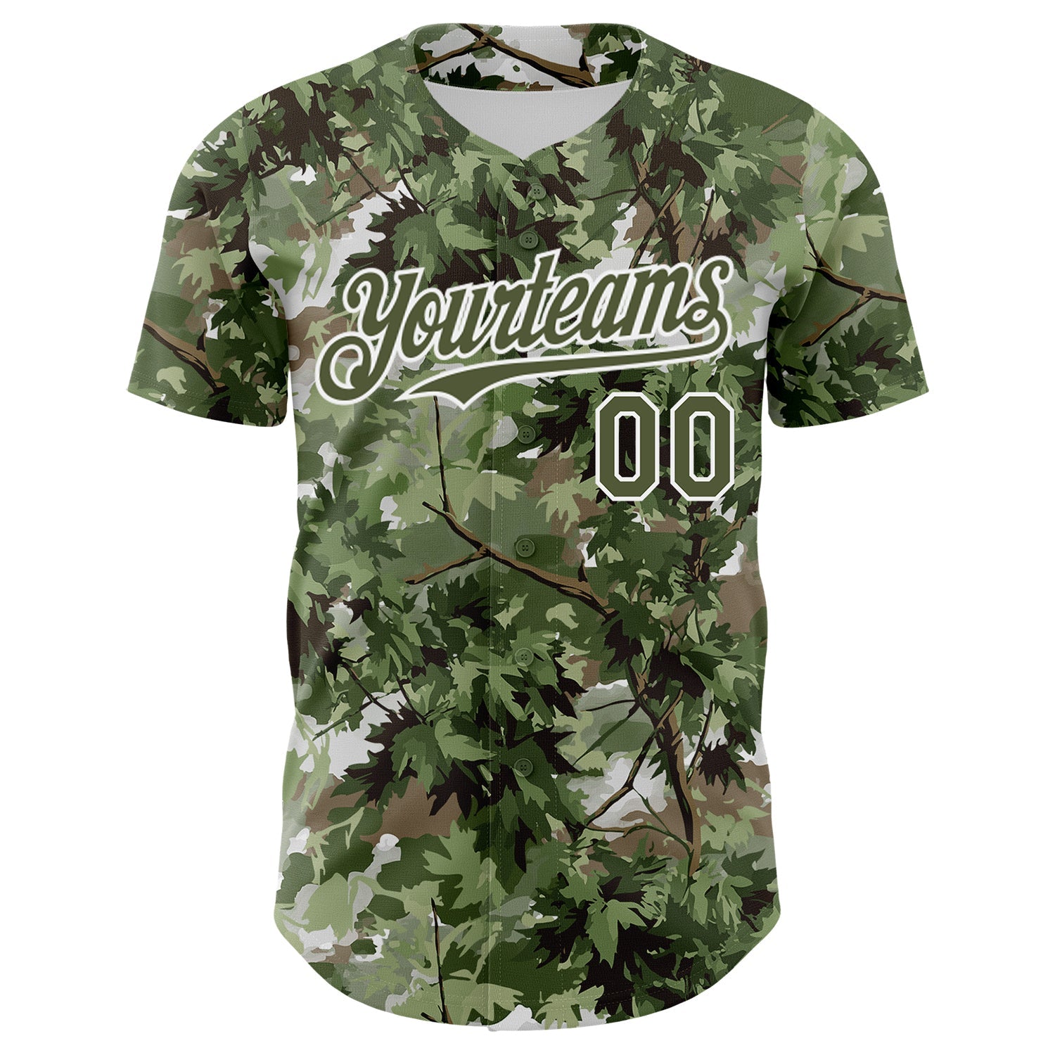 Custom Camo Olive-White Woodland Forest Tactical Camouflage Outdoor Leaf Authentic Baseball Jersey view 2