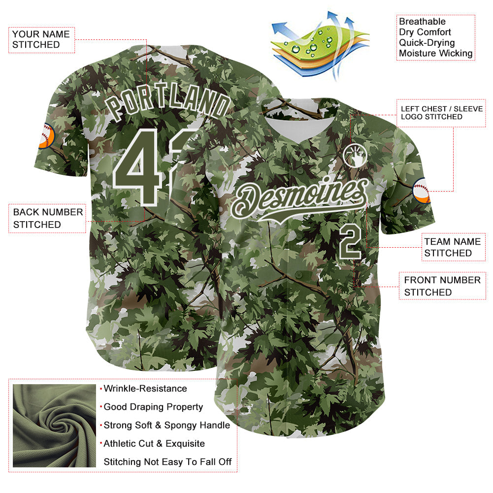 Custom Camo Olive-White Woodland Forest Tactical Camouflage Outdoor Leaf Authentic Baseball Jersey view 3