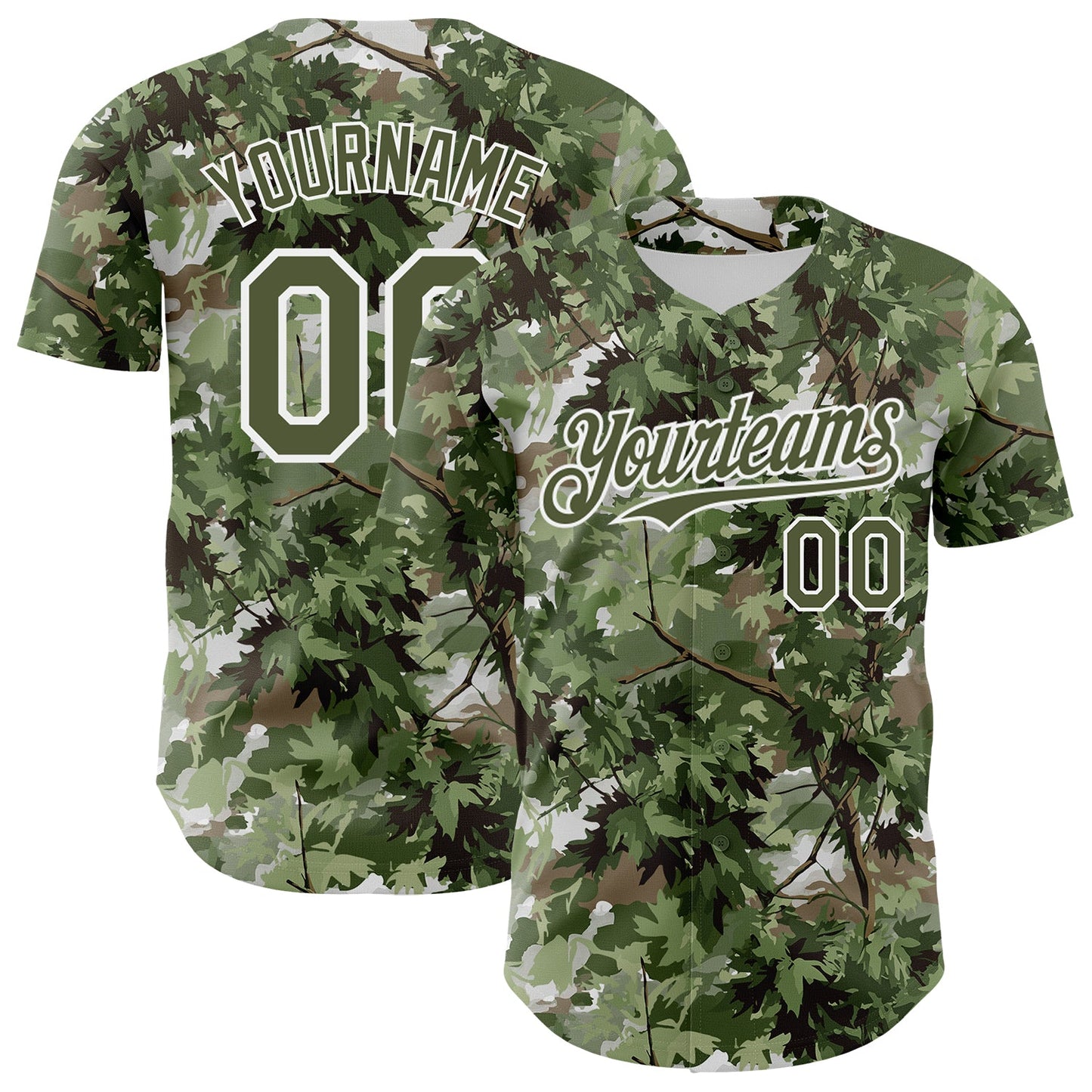 Custom Camo Olive-White Woodland Forest Tactical Camouflage Outdoor Leaf Authentic Baseball Jersey - Main View