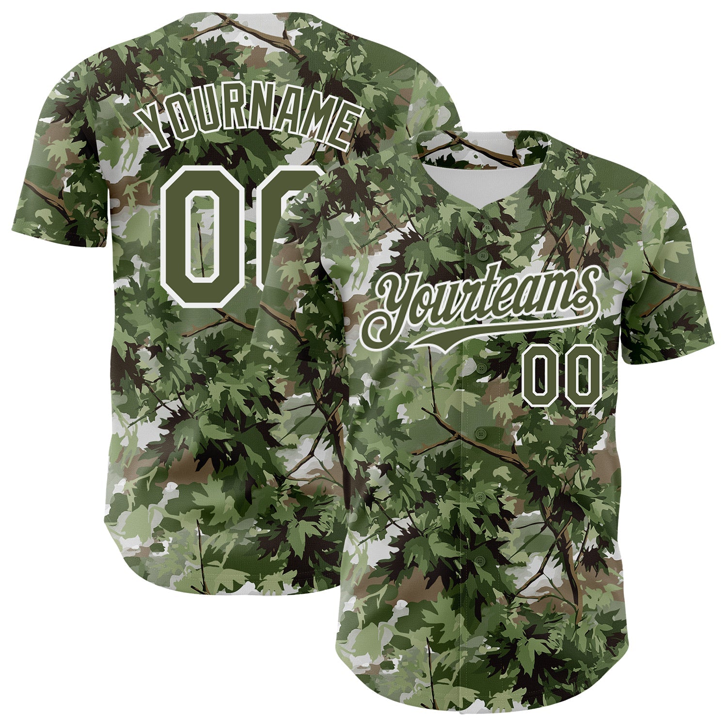 Custom Camo Olive-White Woodland Forest Tactical Camouflage Outdoor Leaf Authentic Baseball Jersey - Main View