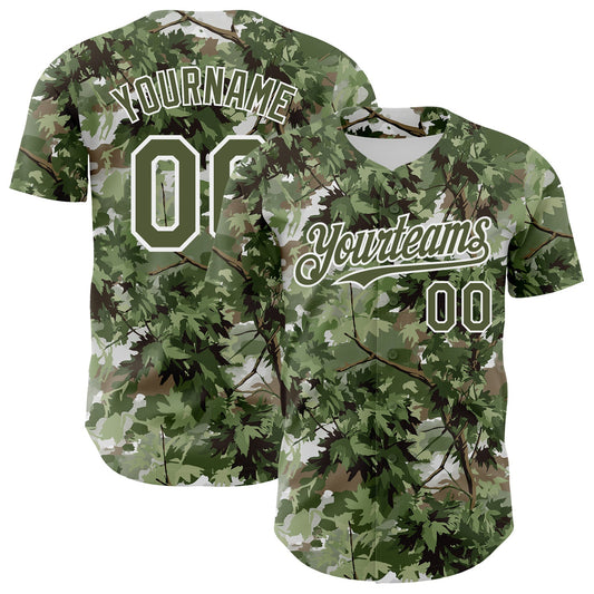 Custom Camo Olive-White Woodland Forest Tactical Camouflage Outdoor Leaf Authentic Baseball Jersey - Main View