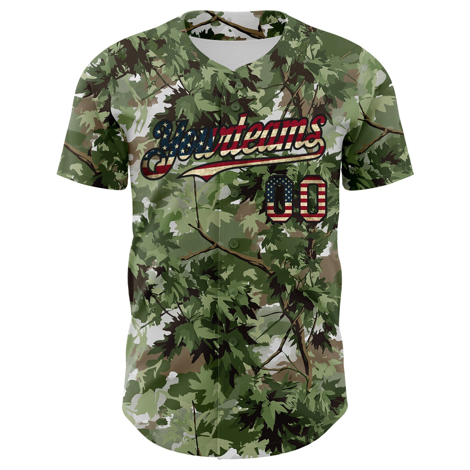 Custom Camo Vintage USA Flag Black-Crimson Woodland Forest Tactical Camouflage Outdoor Leaf Authentic Baseball Jersey view 2
