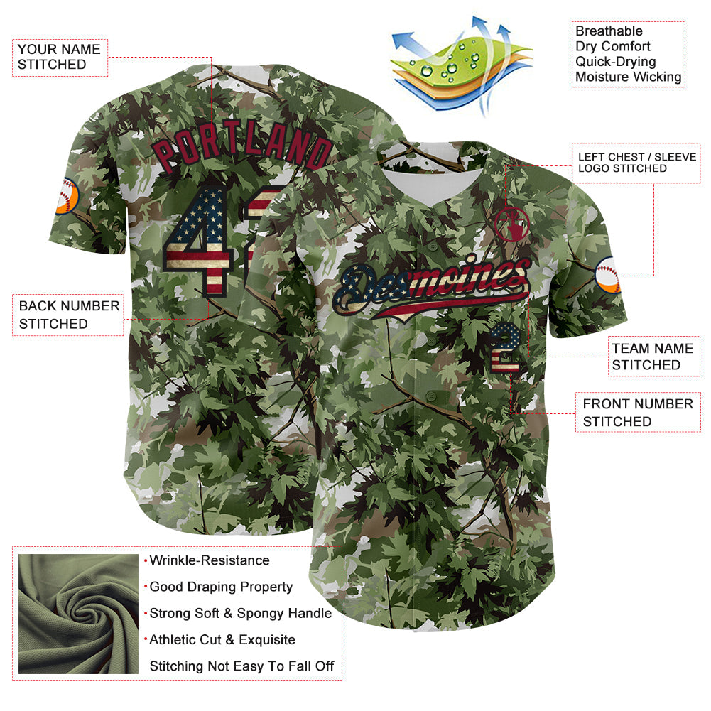 Custom Camo Vintage USA Flag Black-Crimson Woodland Forest Tactical Camouflage Outdoor Leaf Authentic Baseball Jersey view 3