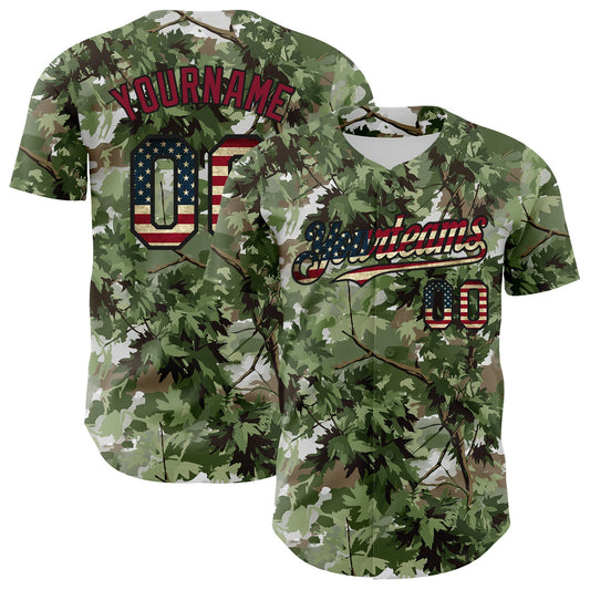 Custom Camo Vintage USA Flag Black-Crimson Woodland Forest Tactical Camouflage Outdoor Leaf Authentic Baseball Jersey - Main View