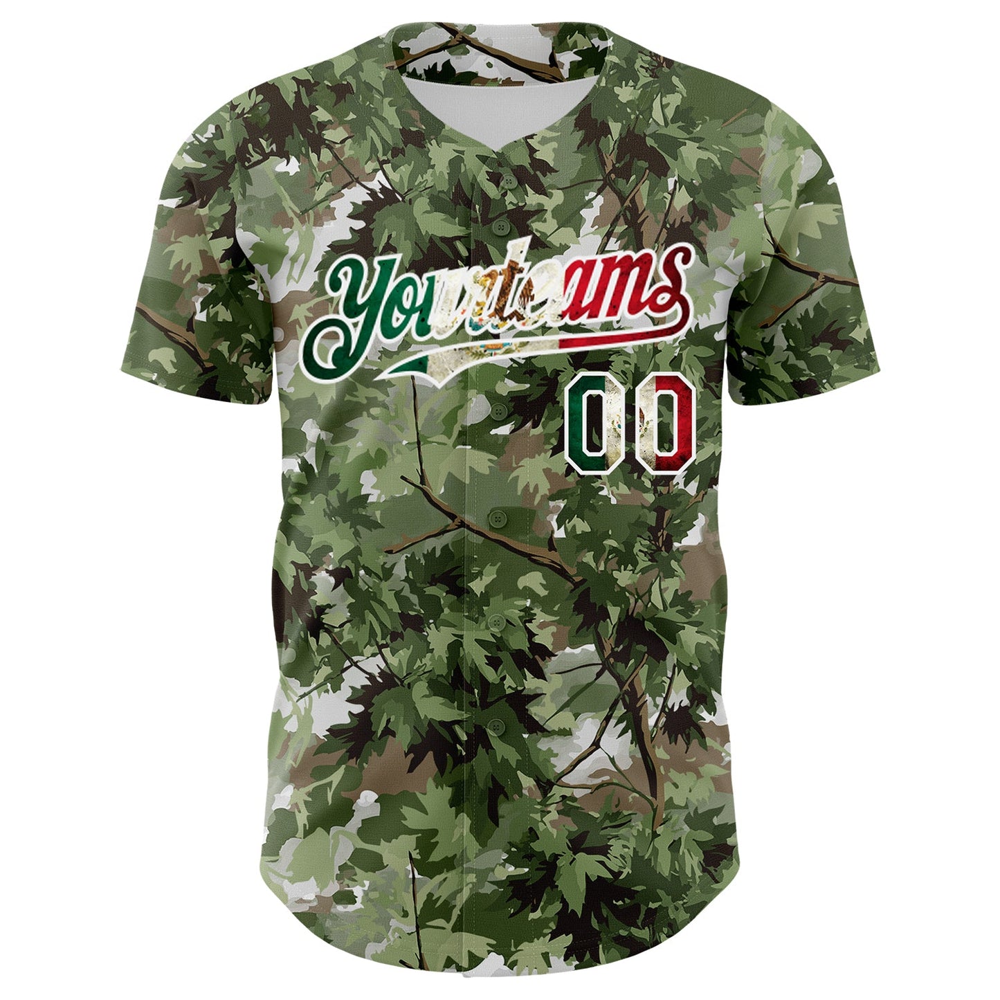 Custom Camo Vintage Mexican Flag White-Olive Woodland Forest Tactical Camouflage Outdoor Leaf Authentic Baseball Jersey view 2