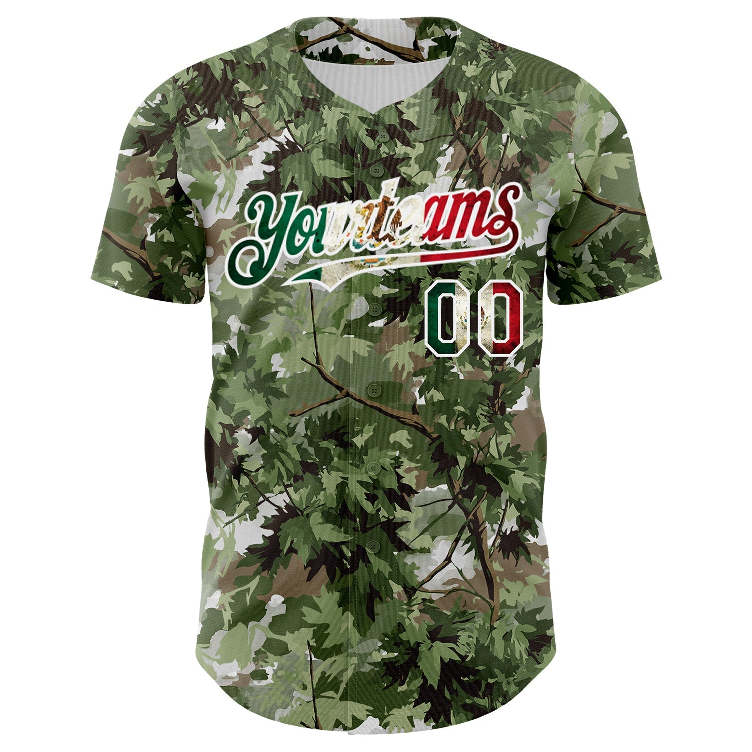 Custom Camo Vintage Mexican Flag White-Olive Woodland Forest Tactical Camouflage Outdoor Leaf Authentic Baseball Jersey view 2