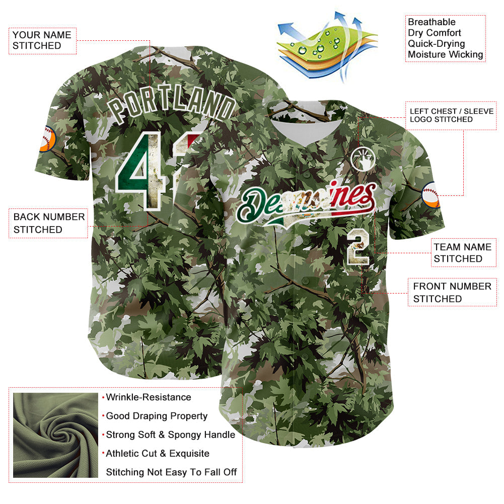 Custom Camo Vintage Mexican Flag White-Olive Woodland Forest Tactical Camouflage Outdoor Leaf Authentic Baseball Jersey view 3