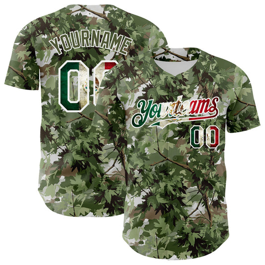 Custom Camo Vintage Mexican Flag White-Olive Woodland Forest Tactical Camouflage Outdoor Leaf Authentic Baseball Jersey - Main View
