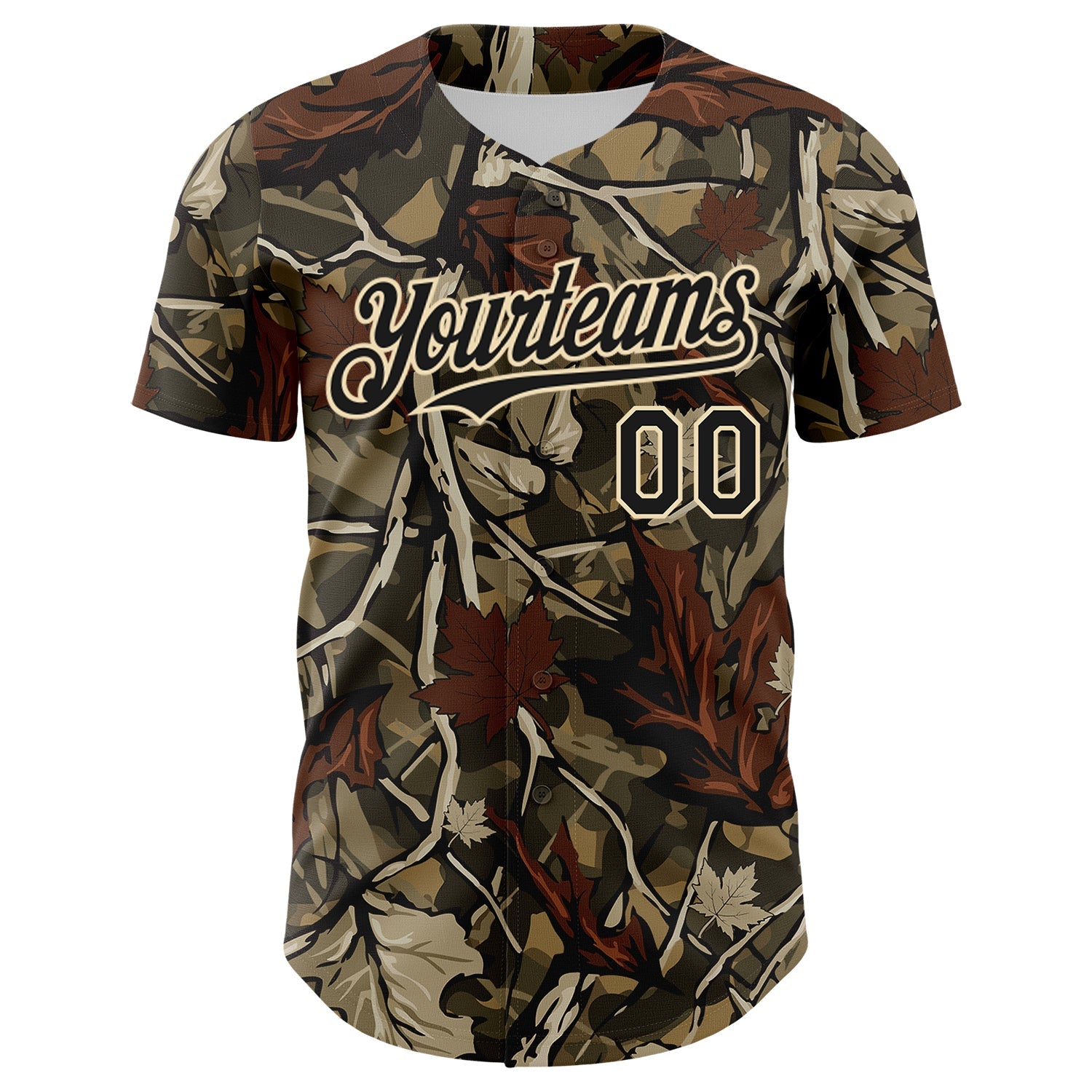 Custom Camo Black-Cream Woodland Forest Tactical Camouflage Outdoor Leaf Authentic Baseball Jersey view 2