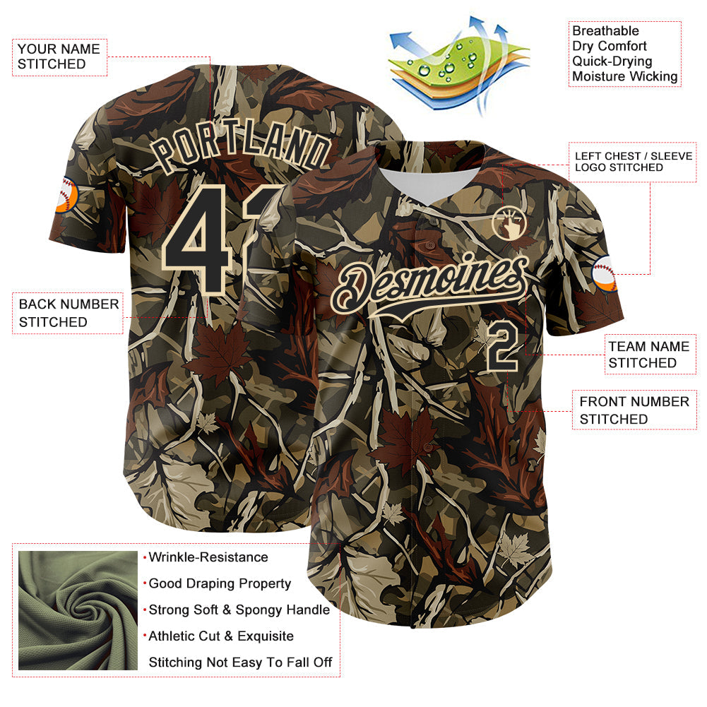 Custom Camo Black-Cream Woodland Forest Tactical Camouflage Outdoor Leaf Authentic Baseball Jersey view 3