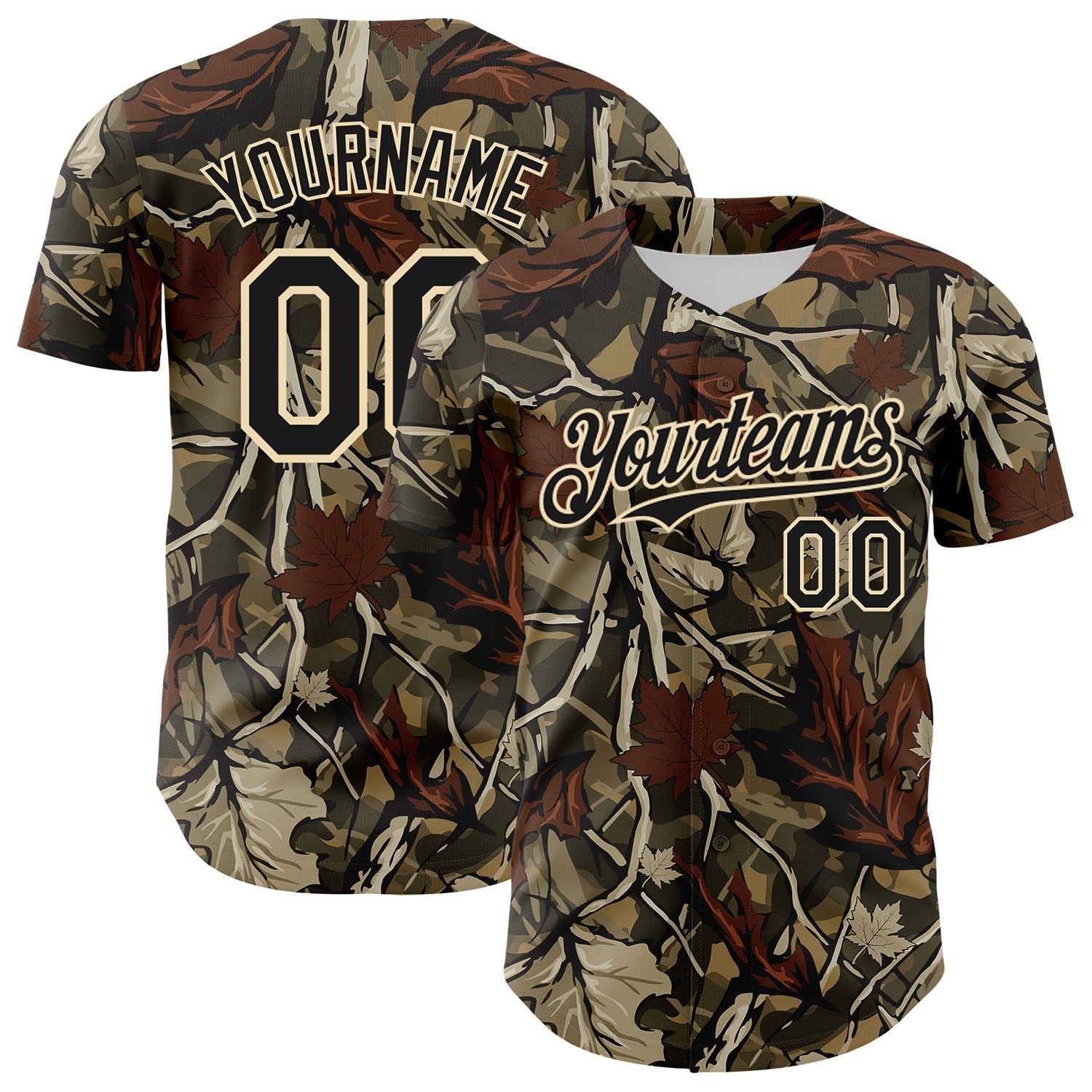 Custom Camo Black-Cream Woodland Forest Tactical Camouflage Outdoor Leaf Authentic Baseball Jersey - Main View