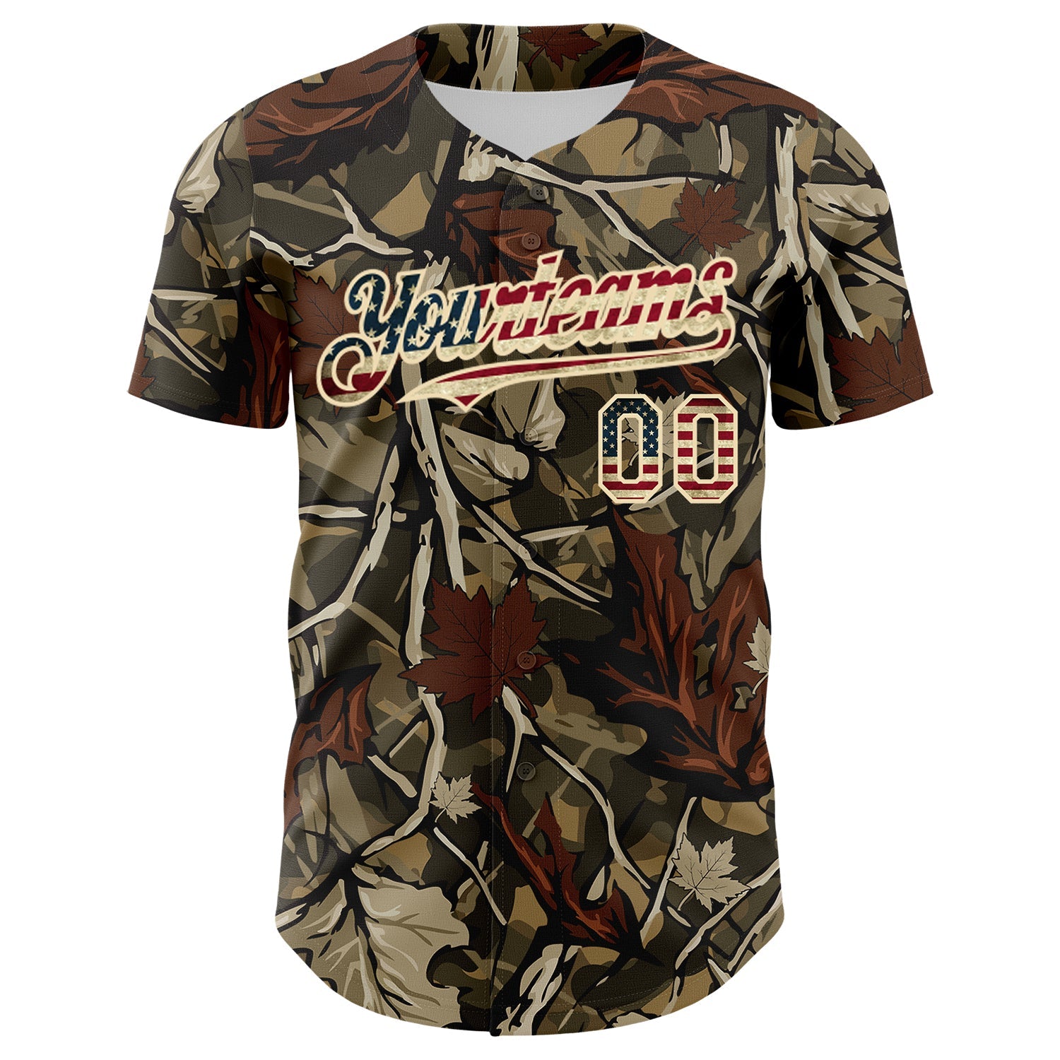 Custom Camo Vintage USA Flag Cream-Olive Woodland Forest Tactical Camouflage Outdoor Leaf Authentic Baseball Jersey view 2
