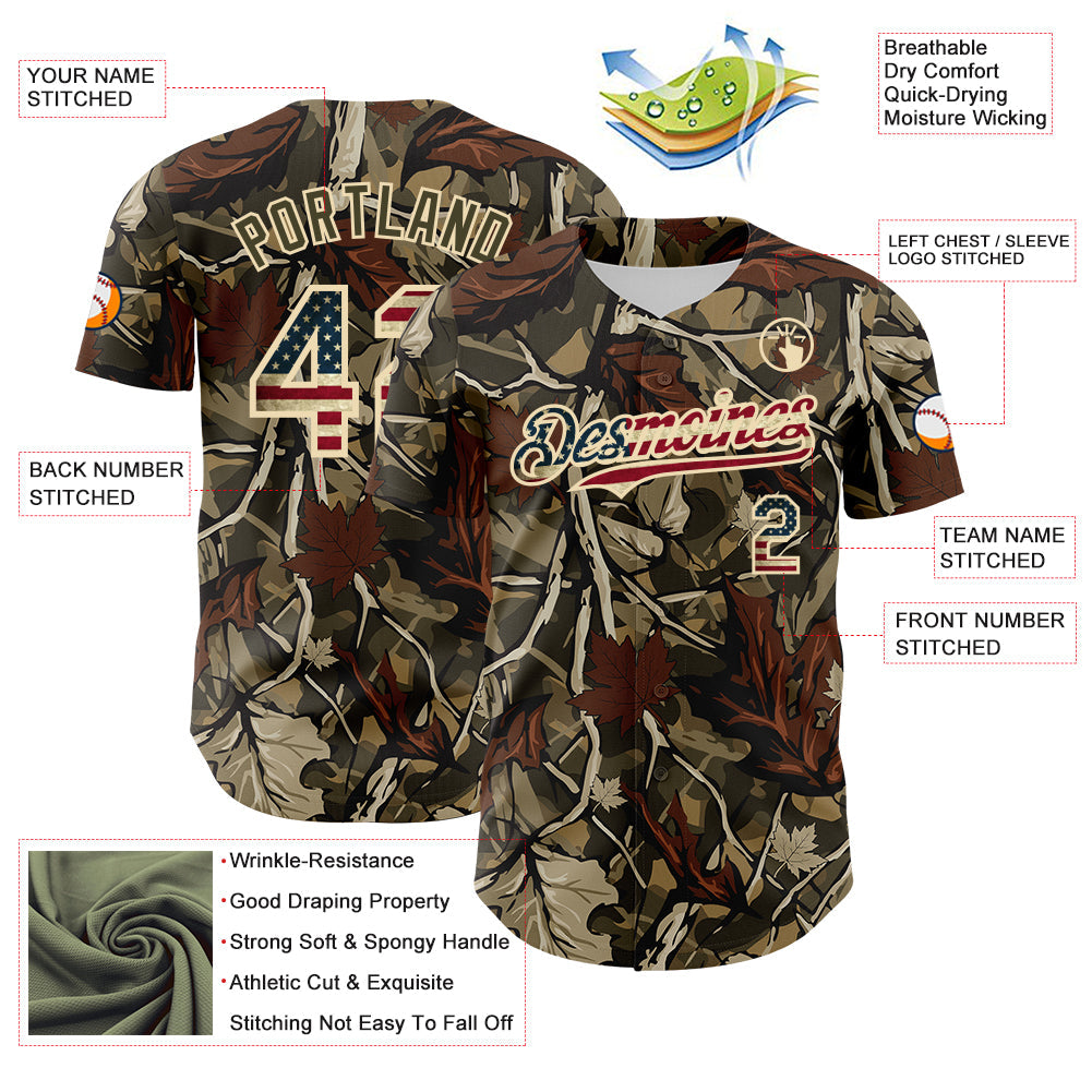 Custom Camo Vintage USA Flag Cream-Olive Woodland Forest Tactical Camouflage Outdoor Leaf Authentic Baseball Jersey view 3