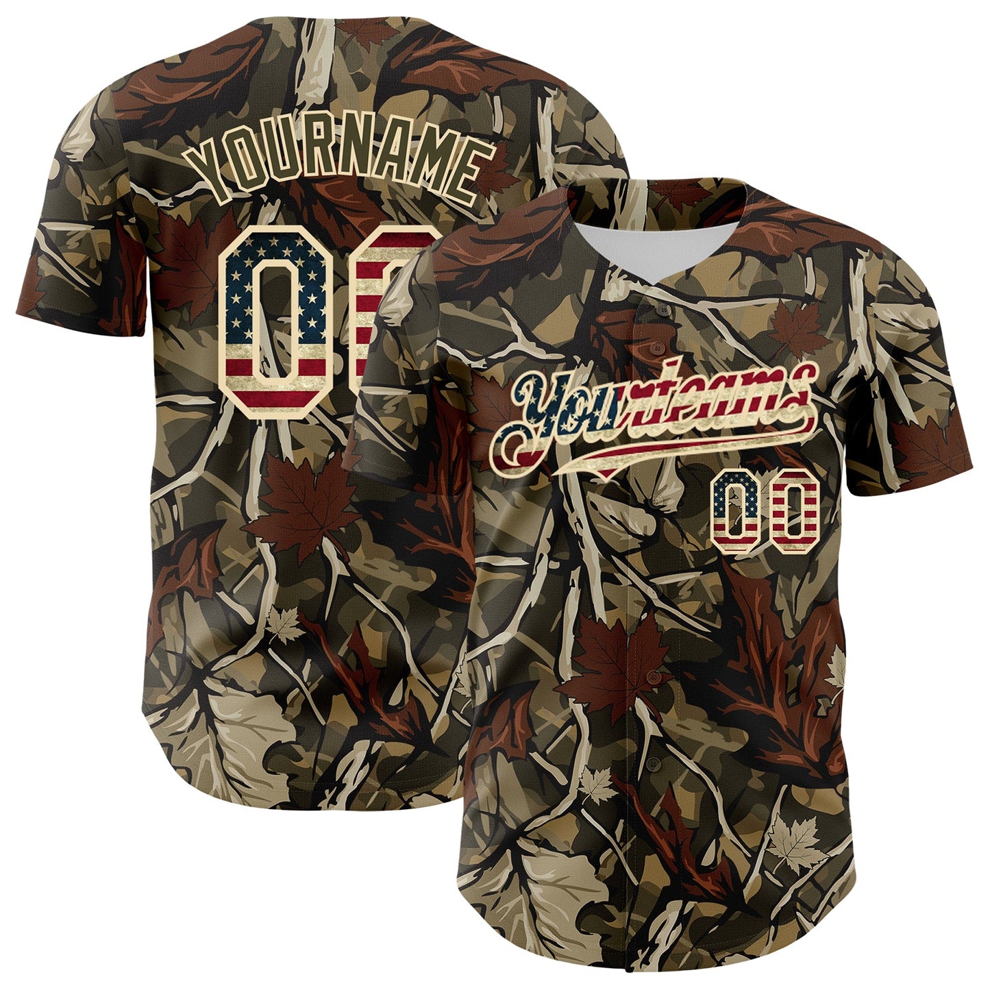 Custom Camo Vintage USA Flag Cream-Olive Woodland Forest Tactical Camouflage Outdoor Leaf Authentic Baseball Jersey - Main View