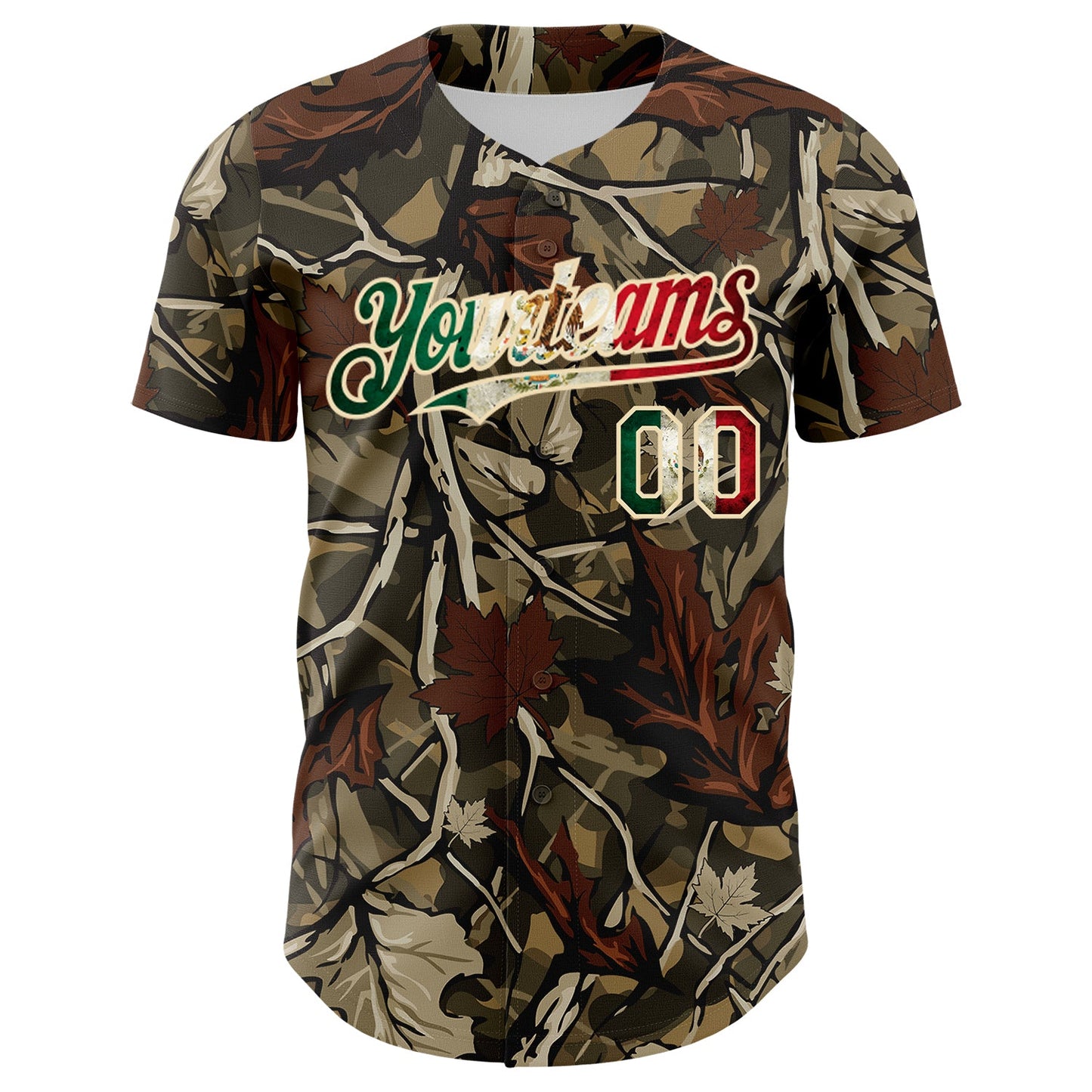 Custom Camo Vintage Mexican Flag Cream-Red Woodland Forest Tactical Camouflage Outdoor Leaf Authentic Baseball Jersey view 2