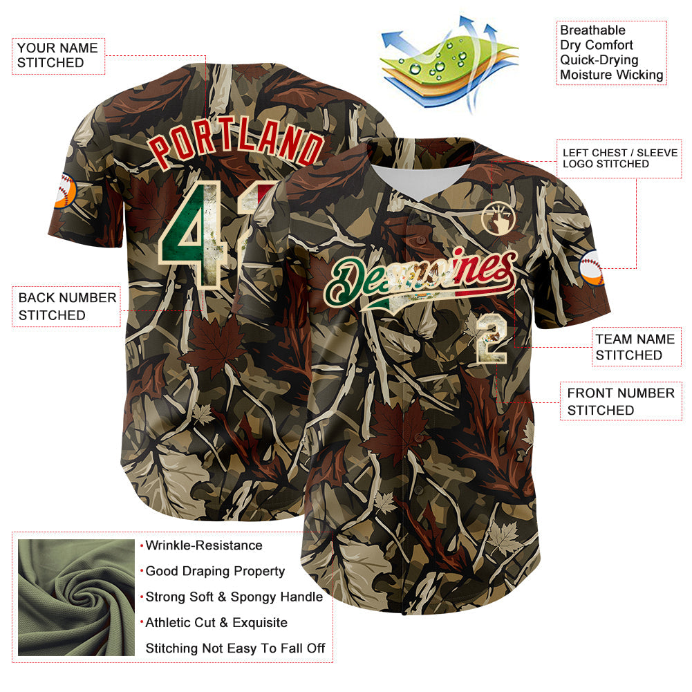 Custom Camo Vintage Mexican Flag Cream-Red Woodland Forest Tactical Camouflage Outdoor Leaf Authentic Baseball Jersey view 3
