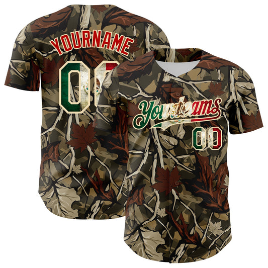 Custom Camo Vintage Mexican Flag Cream-Red Woodland Forest Tactical Camouflage Outdoor Leaf Authentic Baseball Jersey - Main View