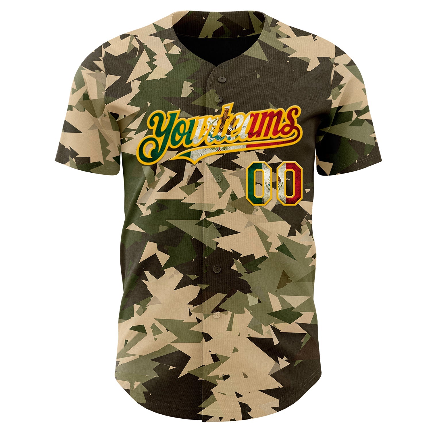 Custom Camo Vintage Mexican Flag Cream Gold-Olive Woodland Geometric Camouflage Authentic Baseball Jersey view 2