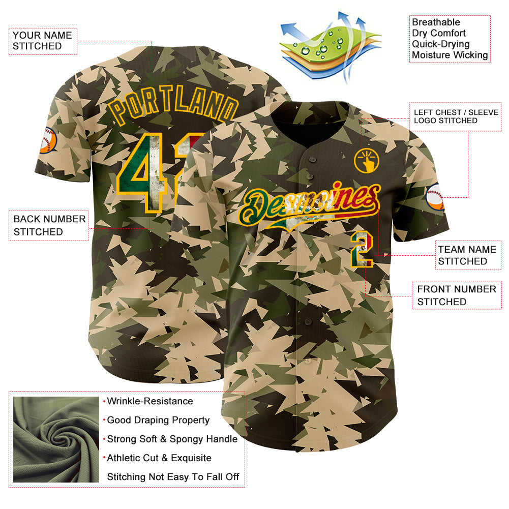 Custom Camo Vintage Mexican Flag Cream Gold-Olive Woodland Geometric Camouflage Authentic Baseball Jersey view 3