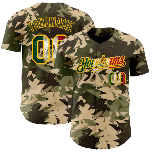 Custom Camo Vintage Mexican Flag Cream Gold-Olive Woodland Geometric Camouflage Authentic Baseball Jersey - Main View
