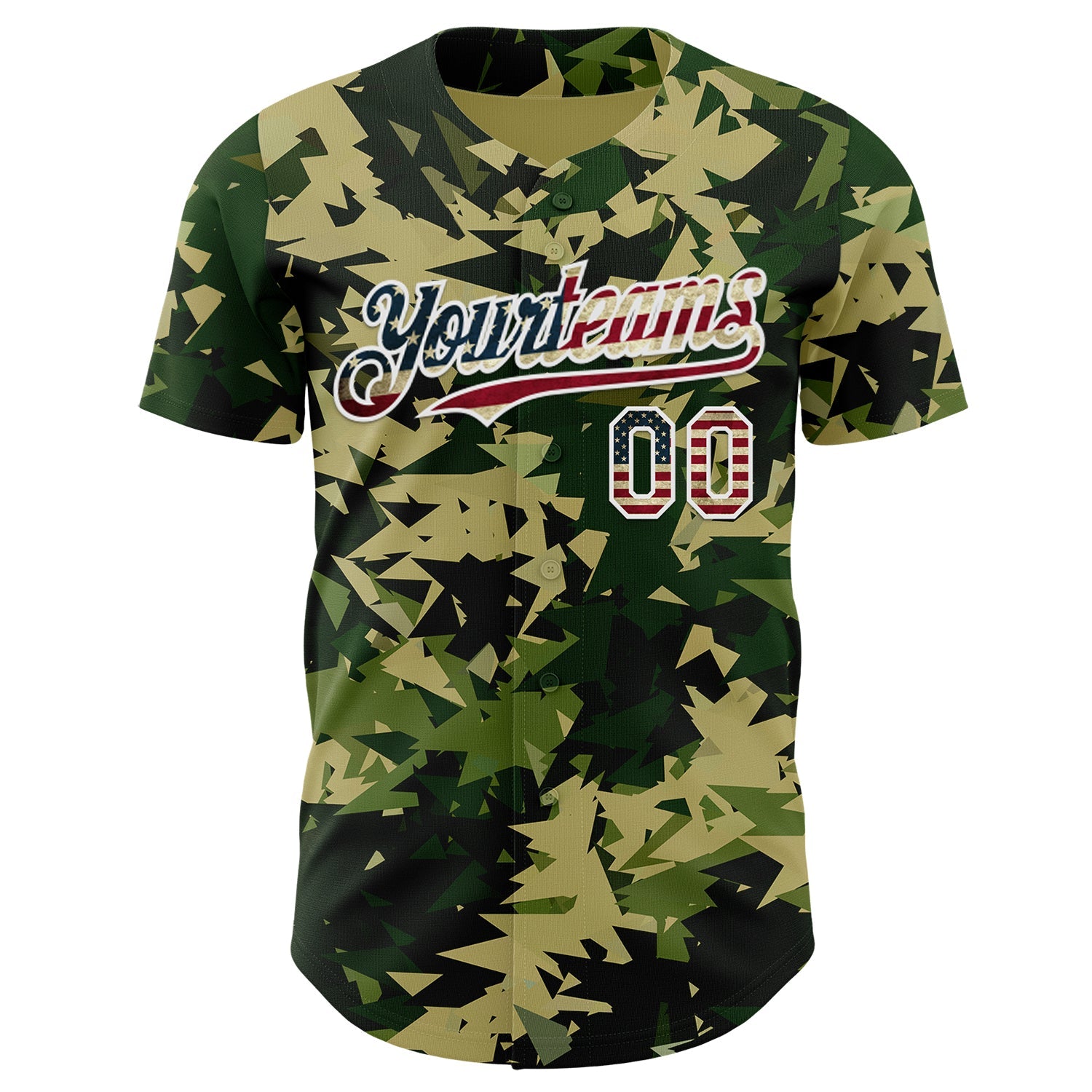 Custom Camo Vintage USA Flag Cream-White Woodland Geometric Camouflage Authentic Baseball Jersey view 2