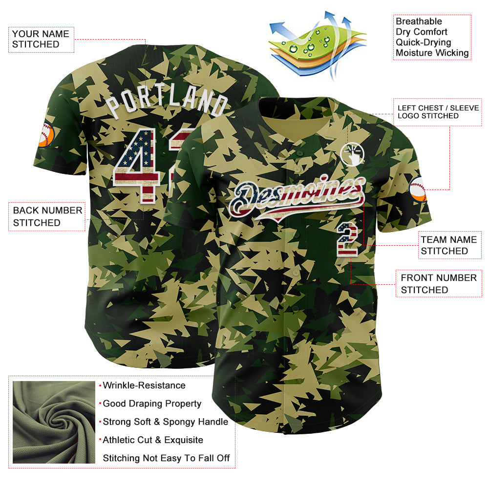 Custom Camo Vintage USA Flag Cream-White Woodland Geometric Camouflage Authentic Baseball Jersey view 3