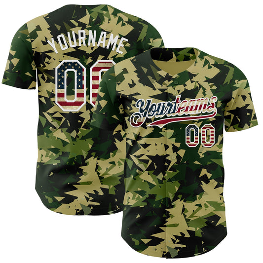 Custom Camo Vintage USA Flag Cream-White Woodland Geometric Camouflage Authentic Baseball Jersey - Main View