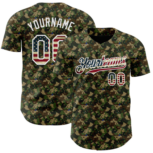 Custom Camo Vintage USA Flag-White Digital Camouflage Authentic Baseball Jersey - Main View