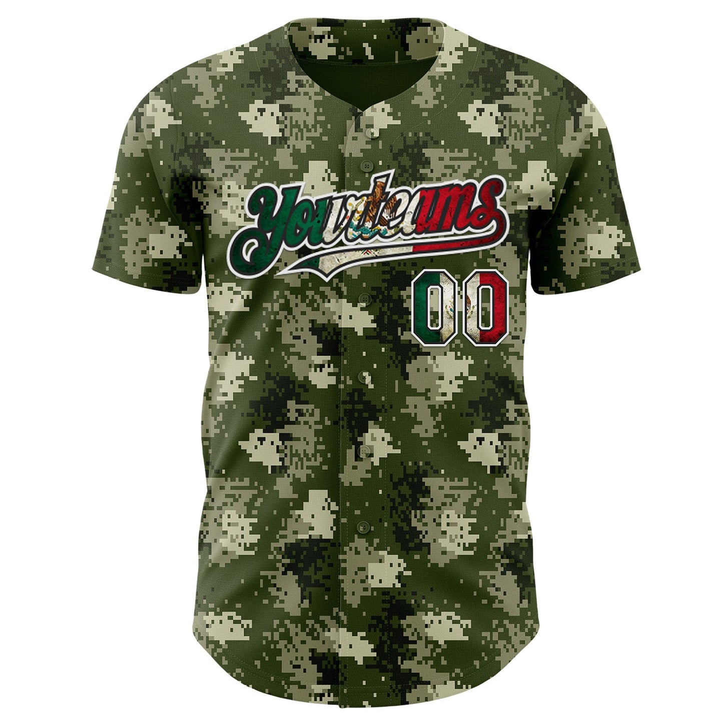 Custom Camo Vintage Mexican Flag Black White-Fire Red Digital Camouflage Authentic Baseball Jersey view 2