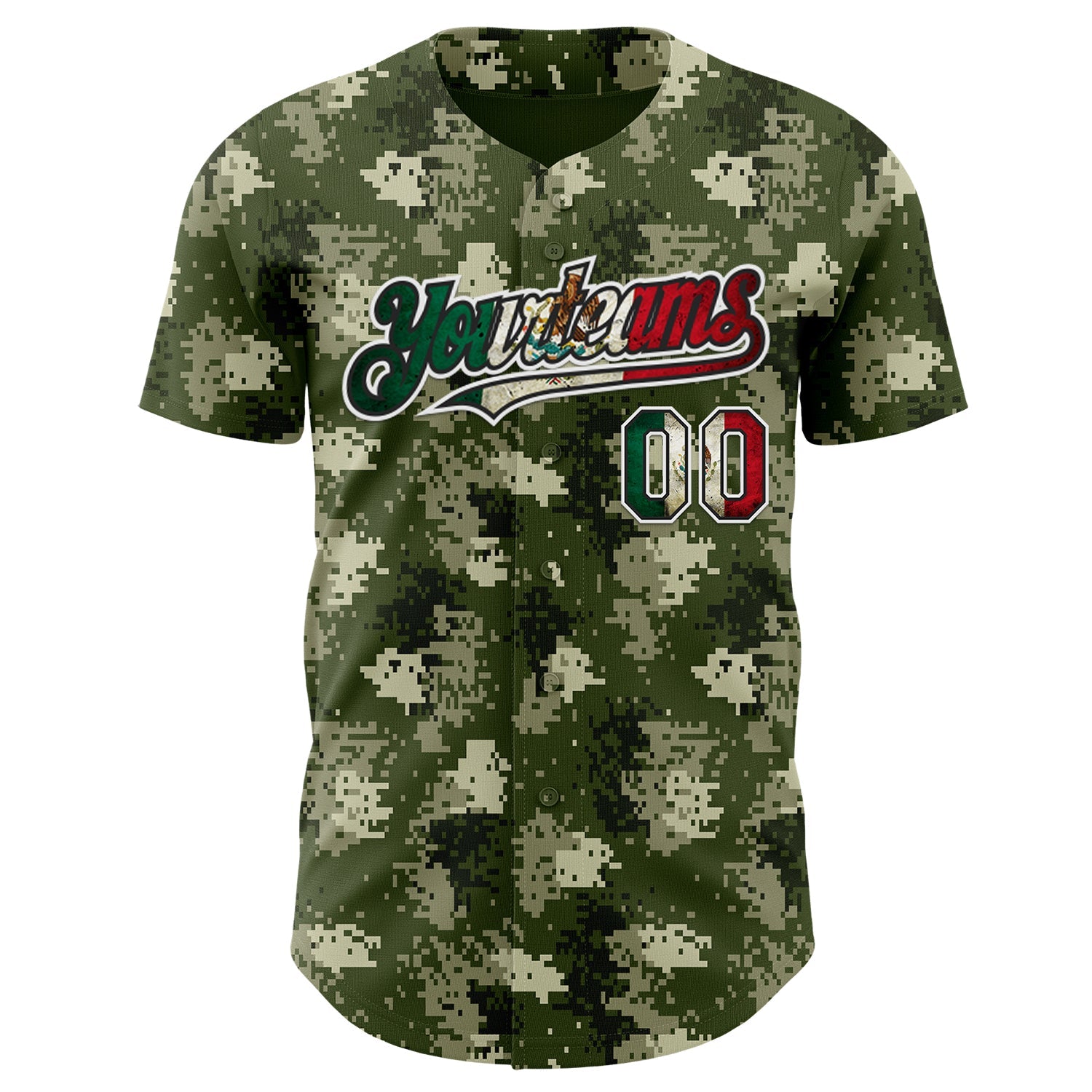 Custom Camo Vintage Mexican Flag Black White-Fire Red Digital Camouflage Authentic Baseball Jersey view 2