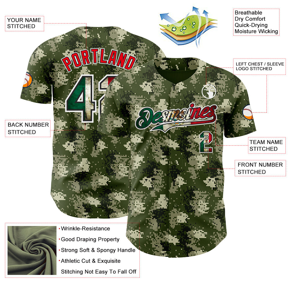 Custom Camo Vintage Mexican Flag Black White-Fire Red Digital Camouflage Authentic Baseball Jersey view 3