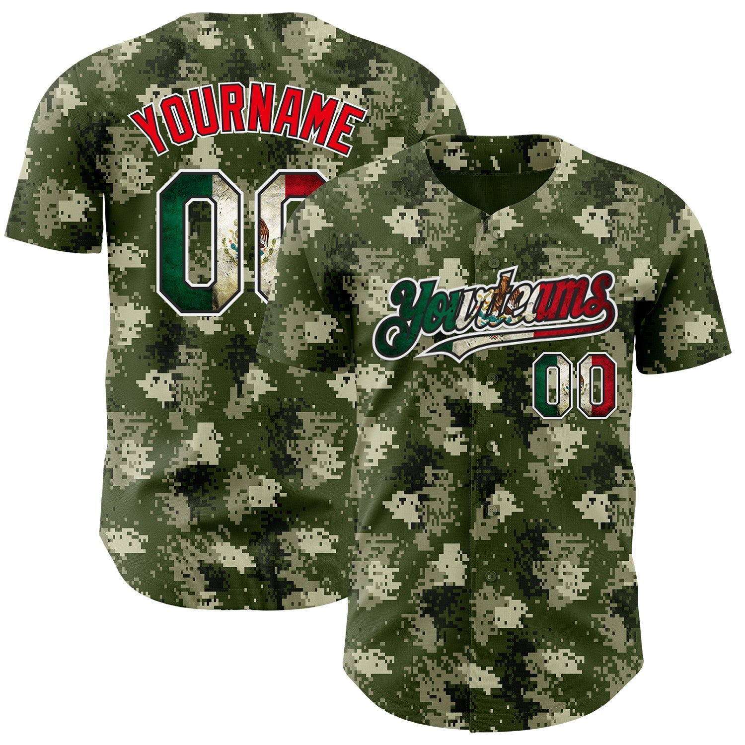 Custom Camo Vintage Mexican Flag Black White-Fire Red Digital Camouflage Authentic Baseball Jersey - Main View