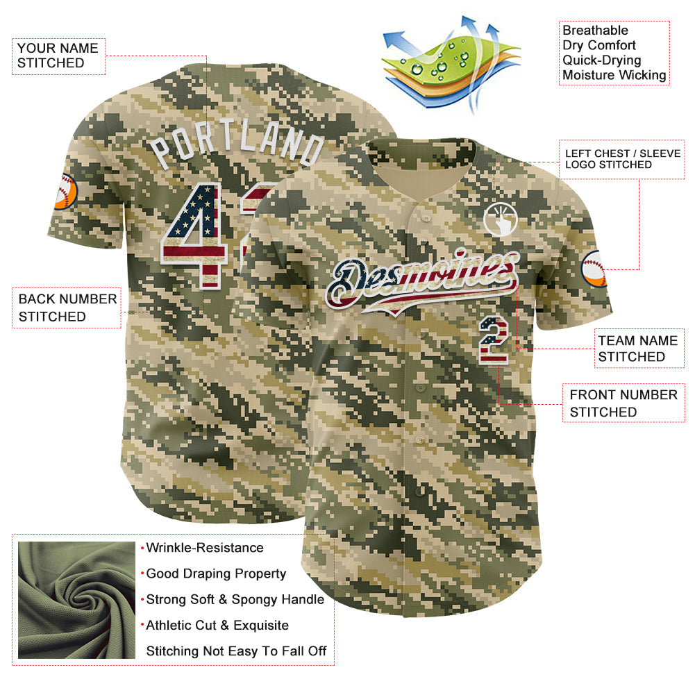 Custom Camo Vintage USA Flag-White Digital Camouflage Authentic Baseball Jersey view 3