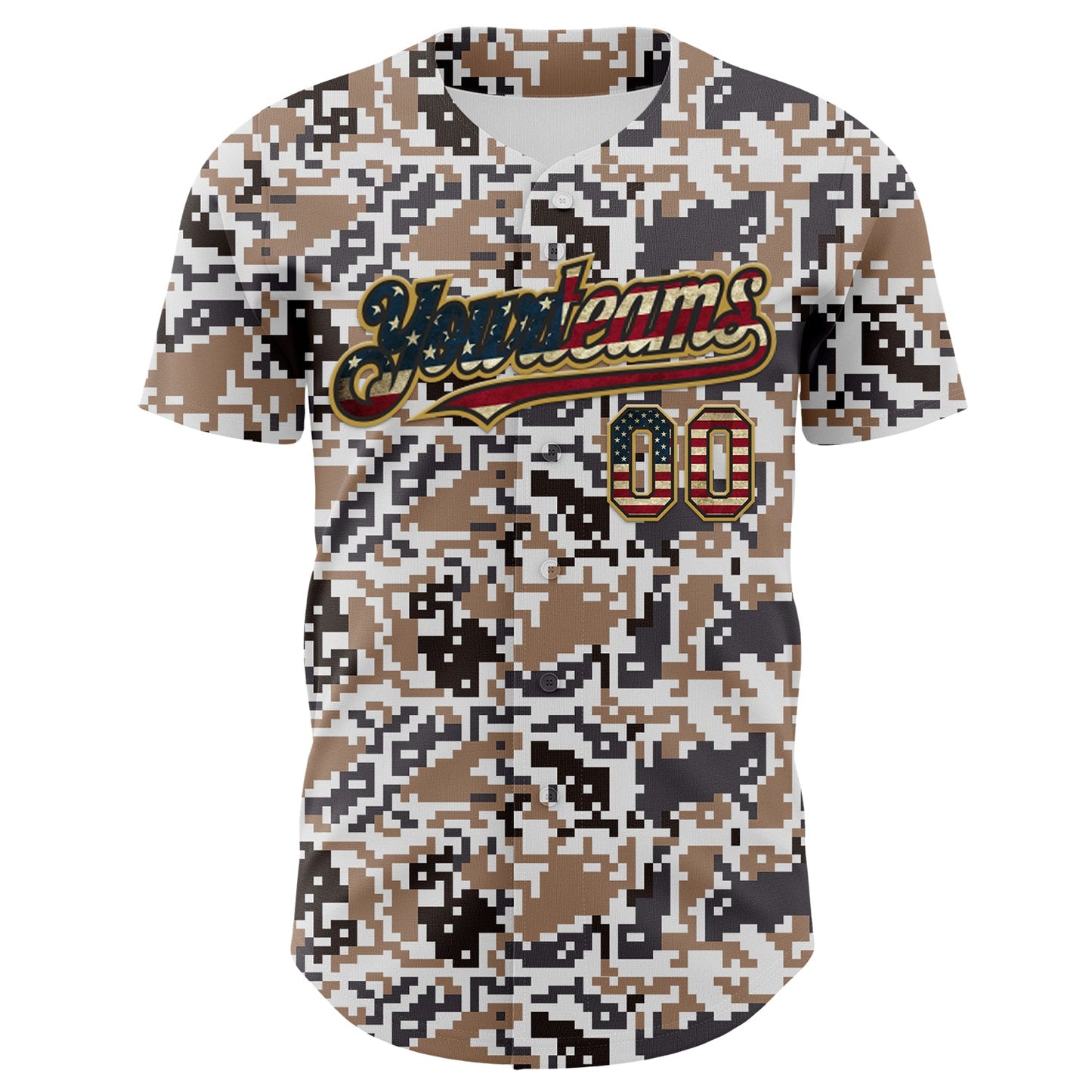 Custom Camo Vintage USA Flag Black-Old Gold Digital Camouflage Authentic Baseball Jersey view 2